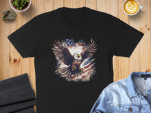Load image into Gallery viewer, Black t-shirt with eagle and American flag graphic.