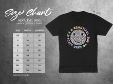 Load image into Gallery viewer, Next Level 3600 unisex t-shirt size chart with smiley face graphic.