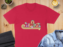 Load image into Gallery viewer, Red t-shirt with "Nurse" in colorful retro lettering and floral accents.