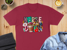 Load image into Gallery viewer, Maroon t-shirt with "Nurse Fuel" text and medical-themed graphics.