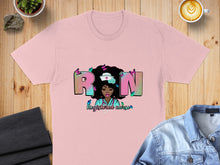 Load image into Gallery viewer, Pink t-shirt with "Registered nurse" and butterfly graphic.