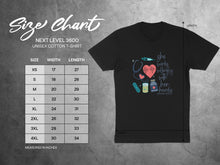 Load image into Gallery viewer, Size chart for a unisex cotton t-shirt with measurements for width and length.