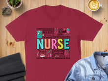 Load image into Gallery viewer, Maroon t-shirt with colorful "Nurse" typography and medical icons.