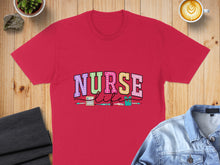 Load image into Gallery viewer, Red t-shirt with colorful "Nurse Life" text and medical illustrations.
