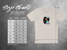 Load image into Gallery viewer, Next Level 3600 unisex t-shirt size chart with measurements in inches.