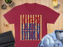 Load image into Gallery viewer, Burgundy t-shirt with yellow stripes and "Let's Learn Today" text.