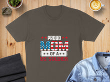 Load image into Gallery viewer, Proud Mom of a US Soldier t-shirt with American flag graphic.