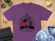 Load image into Gallery viewer, Purple t-shirt with "Celebrating America's Semiquincentennial" patriotic graphic.