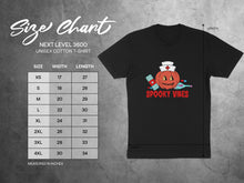 Load image into Gallery viewer, Next Level 3600 unisex cotton t-shirt size chart with width and length measurements.