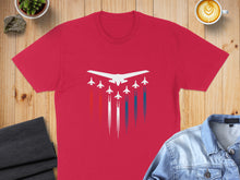 Load image into Gallery viewer, Red t-shirt with white fighter jets and red, white, and blue smoke trails.
