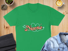 Load image into Gallery viewer, Green t-shirt with "Nurse" text and heart stethoscope design.