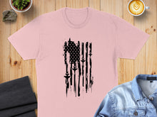 Load image into Gallery viewer, Pink t-shirt with distressed black American flag made of fighter jets.