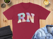 Load image into Gallery viewer, Maroon t-shirt with "RN" in patchwork letters, styled with denim jacket and coffee.