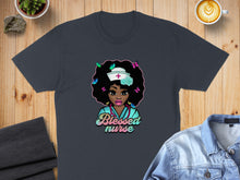 Load image into Gallery viewer, Dark gray t-shirt featuring a cartoon illustration of a nurse with butterflies and the text "Blessed nurse".