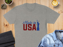 Load image into Gallery viewer, Gray t-shirt with "Made in USA" text and Statue of Liberty silhouette.