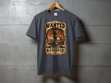 Load image into Gallery viewer, Dark gray t-shirt with "Wanted: A Clear Frequency" graphic and vintage microphone design.
