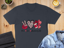 Load image into Gallery viewer, Dark t-shirt with leopard print heart, peace sign, pills, and hearts.