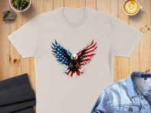 Load image into Gallery viewer, T-shirt featuring a patriotic eagle with American flag wings.