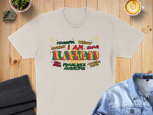 Load image into Gallery viewer, T-shirt with "I AM BLACKDAD" in bold colorful text, surrounded by positive words.