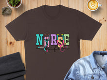 Load image into Gallery viewer, Brown t-shirt with colorful "Nurse Life" text and stethoscope.
