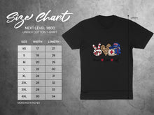 Load image into Gallery viewer, Next Level 3600 t-shirt size chart showing width and length measurements.