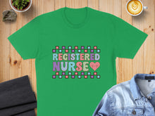 Load image into Gallery viewer, Green t-shirt with "Registered Nurse" text and heart graphic.