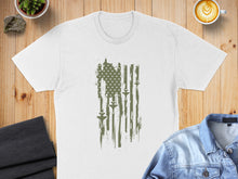 Load image into Gallery viewer, White t-shirt with distressed green American flag and jet graphic.
