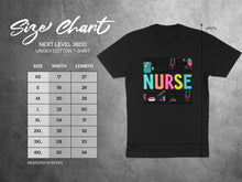 Load image into Gallery viewer, Next Level 3600 unisex cotton t-shirt size chart with "NURSE" graphic.