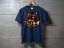 Load image into Gallery viewer, Navy t-shirt with "RED LIGHT RADIO CLUB ON AIR AFTER DARK" graphic.