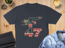 Load image into Gallery viewer, T-shirt with a vintage airplane graphic superimposed over the number 47.