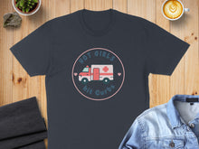 Load image into Gallery viewer, Dark t-shirt with "Hot Girls Hit Curbs" and ambulance graphic.