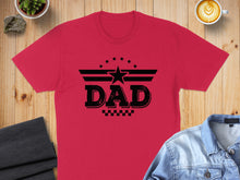Load image into Gallery viewer, Red t-shirt with black "DAD" graphic and star emblem.