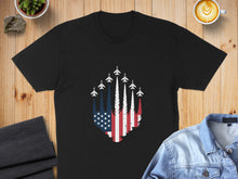 Load image into Gallery viewer, Black t-shirt with American flag jet formation graphic.