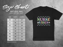 Load image into Gallery viewer, Size chart for Next Level 3600 unisex cotton t-shirt with Nurse Vibes graphic.