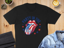 Load image into Gallery viewer, Black t-shirt with USA flag tongue and stars design.