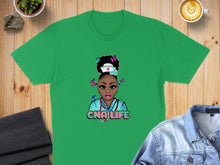 Load image into Gallery viewer, Green t-shirt with cartoon nurse and "CNA LIFE" text.