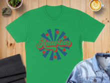 Load image into Gallery viewer, Green t-shirt with "American" in red and blue stars design.