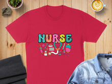Load image into Gallery viewer, Red t-shirt with colorful "Nurse" text and medical graphics.