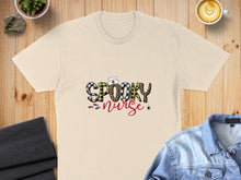 Load image into Gallery viewer, Cream t-shirt with "Spooky Nurse" in bold, patterned text, Halloween theme.