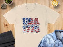 Load image into Gallery viewer, Cream t-shirt with "USA 1776" in patriotic stars and stripes pattern.