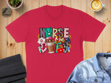 Load image into Gallery viewer, Red t-shirt with "Nurse Mode" graphic featuring stethoscope, coffee, and medical icons.