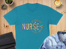 Load image into Gallery viewer, Teal t-shirt with "Nurse Protector Warrior Hero" text and leopard print.