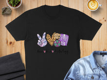 Load image into Gallery viewer, Black t-shirt with "Peace Love Radiology" text and radiology-themed icons.