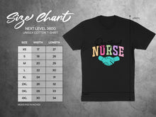 Load image into Gallery viewer, Unisex cotton t-shirt size chart with width and length measurements.