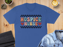 Load image into Gallery viewer, Blue t-shirt with "Hospice Nurse" in colorful retro lettering and heartbeats.