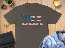 Load image into Gallery viewer, Brown t-shirt with "USA SINCE 1776" text in distressed American flag design.