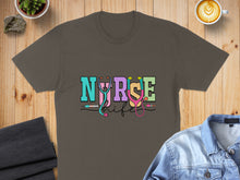 Load image into Gallery viewer, Grey t-shirt with "Nurse Life" text and a stethoscope design.