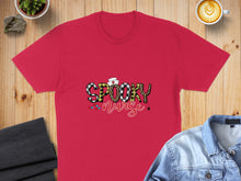 Load image into Gallery viewer, Red t-shirt with "Spooky Nurse" text and Halloween-themed medical icons.
