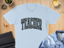 Load image into Gallery viewer, Light blue t-shirt with "TEACHER" in a checkered pattern.