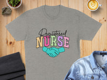 Load image into Gallery viewer, Grey t-shirt with "Registered Nurse" text and handshake graphic.